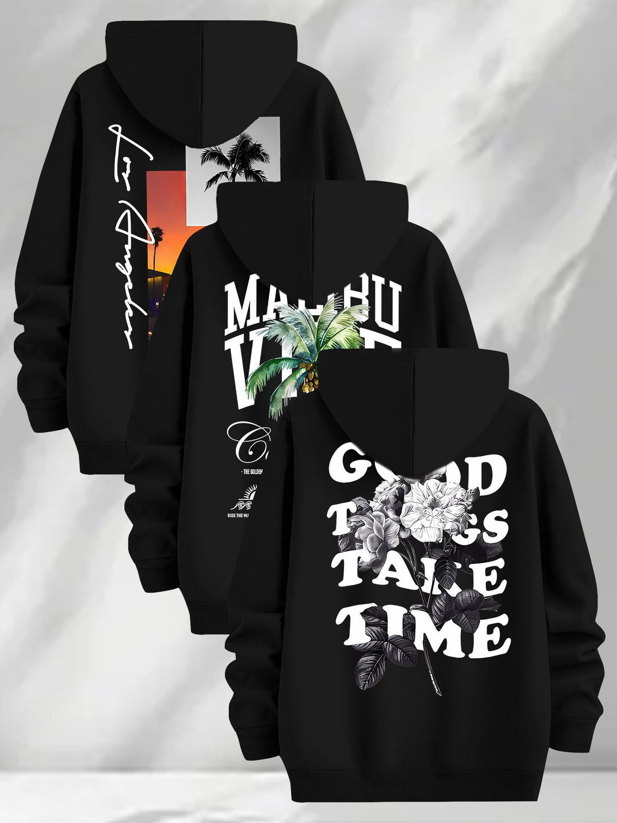 3pcs Trendy Print Sweatshirt, Men's Casual Hooded Sweatshirt, Long-sleeve Pullover, Slightly Stretchy, Knitted Polyester Fabric, Regular Fit Men's Hoodie - Black