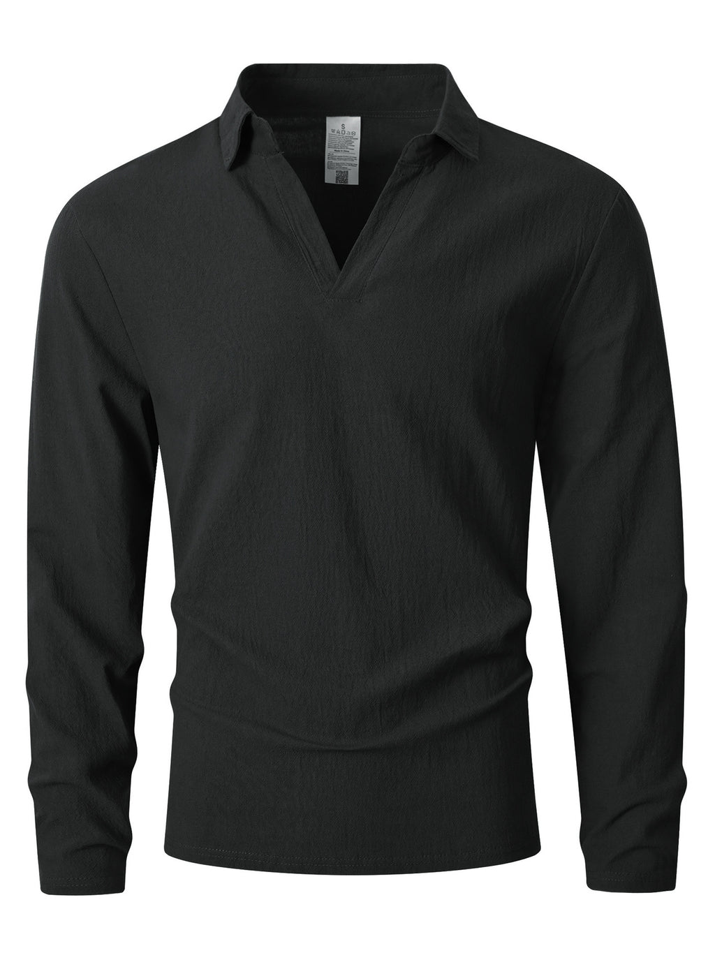 KJ-CX023-YY Old Money Style Men'S Solid Color Henley Lapel Long Sleeve Top V-Neck Pullover Shirt Beach Vacation Casual Shirt Outerwear - Black