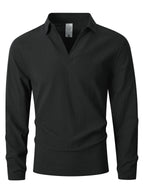 KJ-CX023-YY Old Money Style Men'S Solid Color Henley Lapel Long Sleeve Top V-Neck Pullover Shirt Beach Vacation Casual Shirt Outerwear - Black