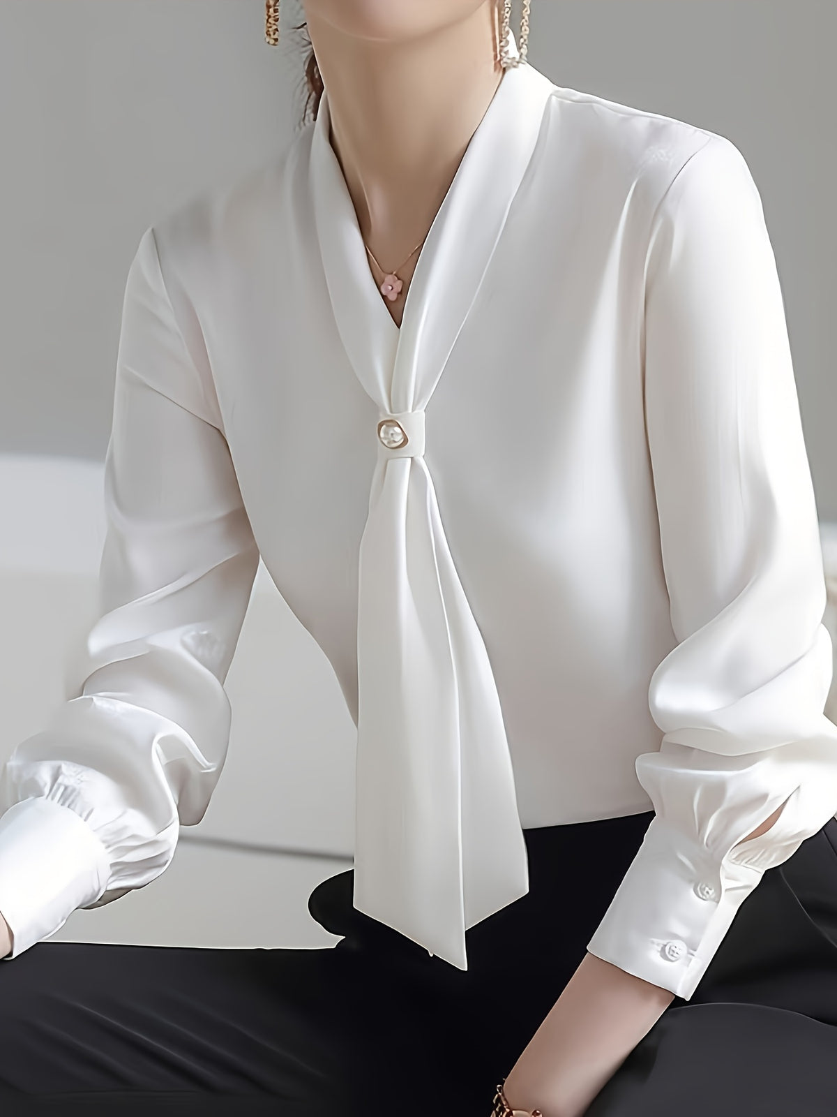 Chic  Elegant Chiffon Blouse with Beaded V-Neck and Tie Detail - Long Sleeve, Semi-Sheer, Machine Washable - Stylish  Workwear, Lace Embellished - White