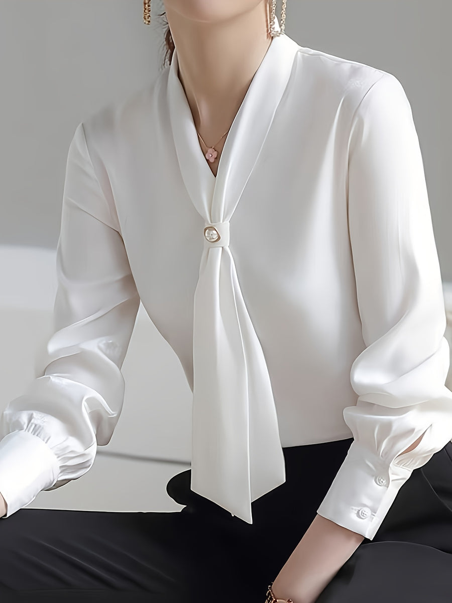 Chic  Elegant Chiffon Blouse with Beaded V-Neck and Tie Detail - Long Sleeve, Semi-Sheer, Machine Washable - Stylish  Workwear, Lace Embellished - White