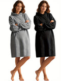 2pcs Long Casual Hooded Dress Set - Black+Grey