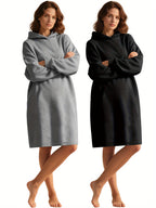 2pcs Long Casual Hooded Dress Set - Black+Grey