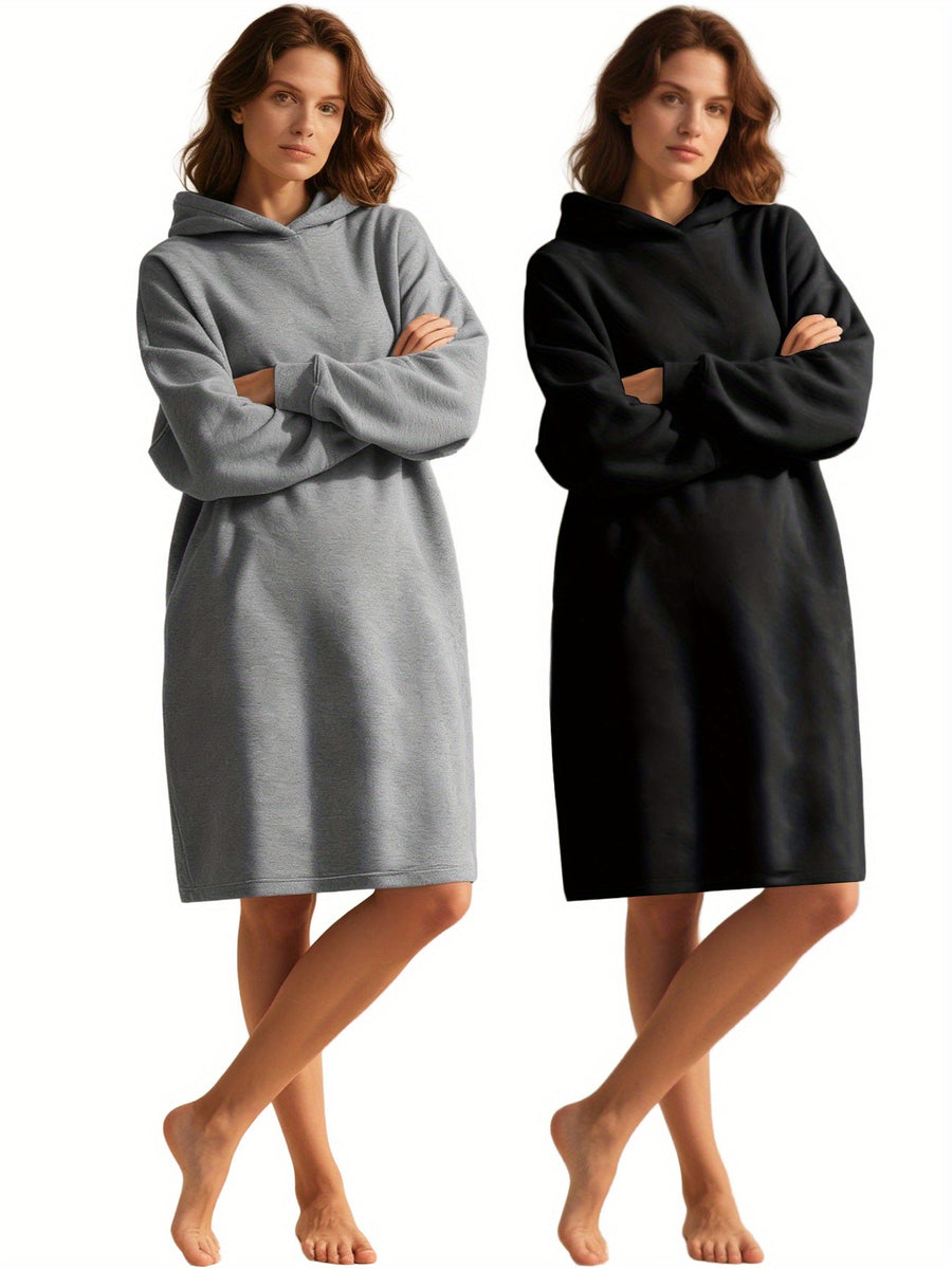 2pcs Long Casual Hooded Dress Set - Black+Grey