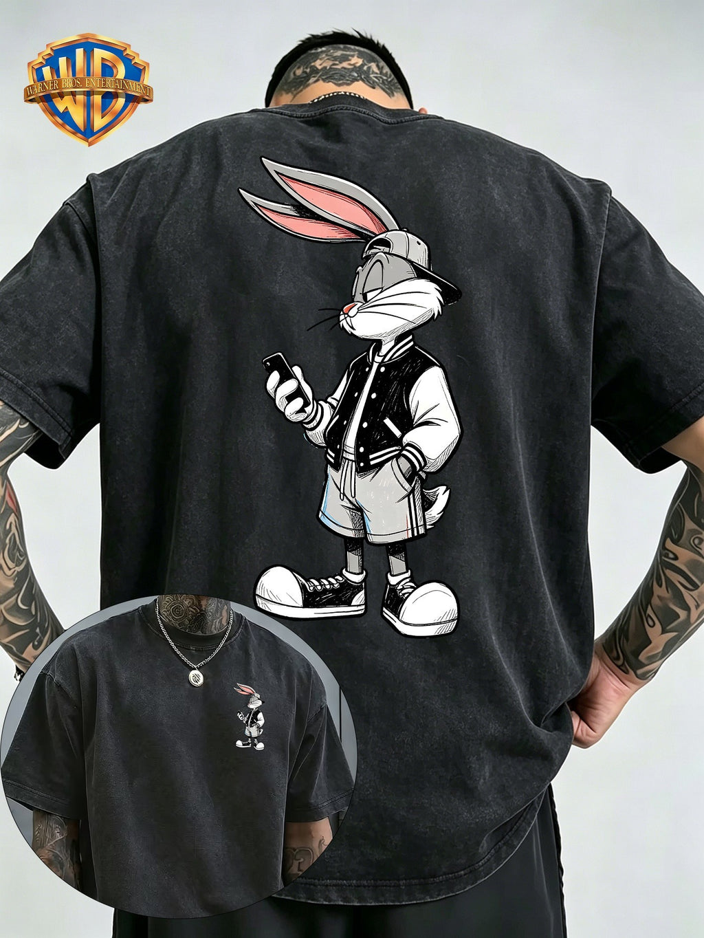Men'S Washed Short-Sleeve T-Shirt, Back Print of Classic Cartoon Rabbit, Wearing Baseball Jacket And Hat, Holding Phone, Showcasing Trendy Street Style. Chest Adorned with Same Small Pattern, Rich in Details, Full of Design Sense - Black