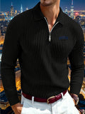 Autumn Men'S Ribbed Long Sleeve Polo Shirt Print Half-Zip Stand Collar Slim Fit Breathable T-Shirt - Black