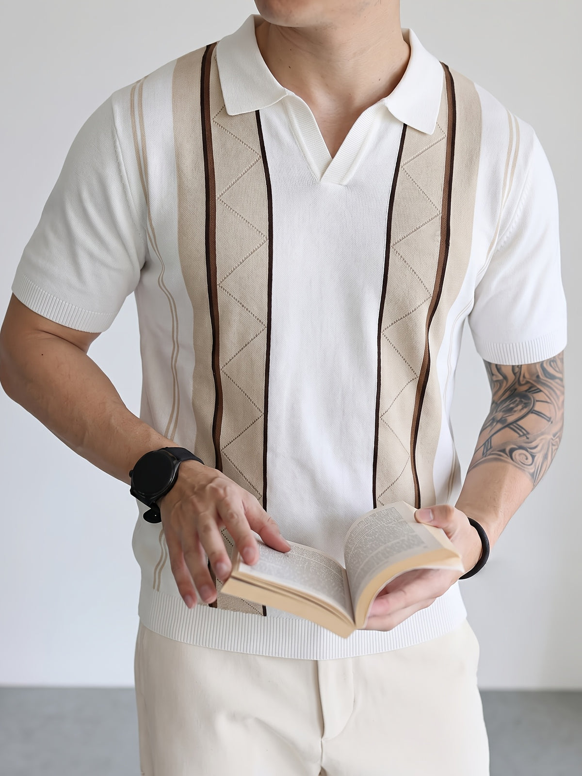 Men's Breathable Knit Short Sleeve Shirt - Vertical Stripe Color Block V-Neck Lapel Collar, Sheer Yet Opaque Mesh Golf & Business Casual Suitable for Golfing, Office, Semi-Formal Wear - Machine Washable Year-Round Versatile Top - White