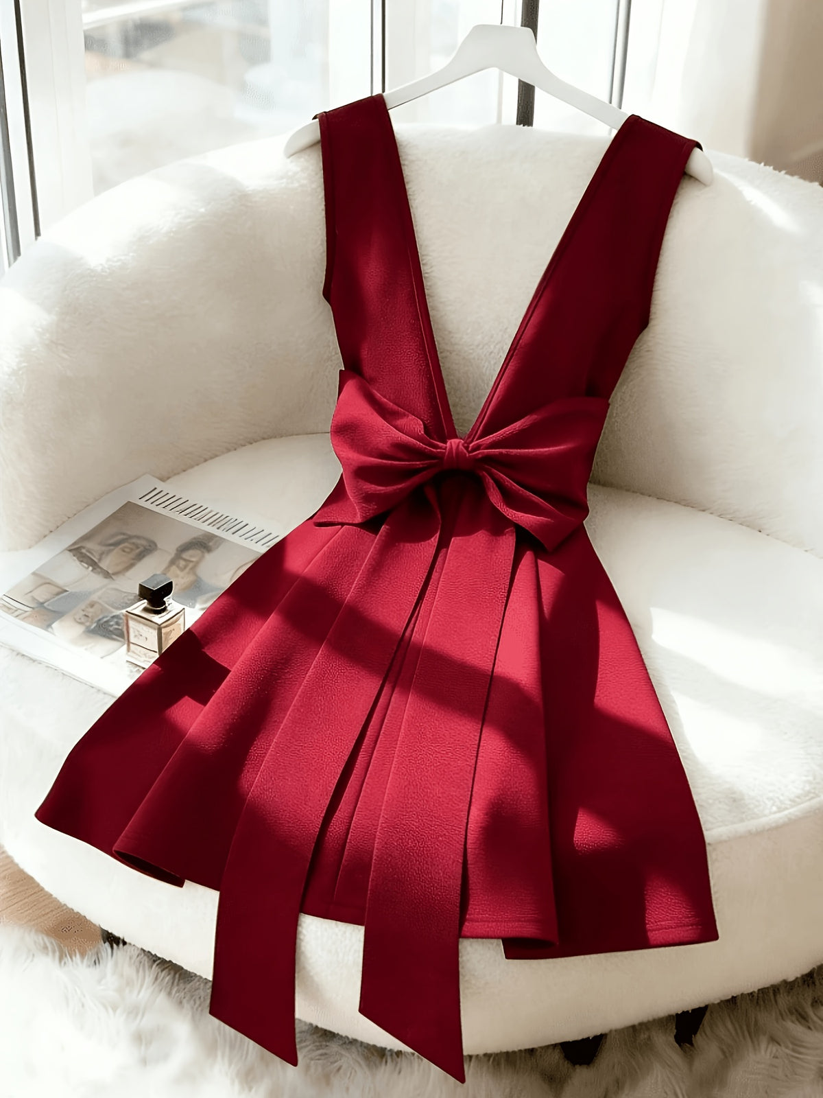 New Elegant and Sexy V-neck Backless Slim-fit Bridesmaid Dress, Featuring a Bow at the Waist, in a Luxurious European Style, Suitable for Independence Day and Holiday Wear - Red