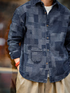 Spring/Autumn New Light Business Elegant Commuter American Casual Vintage Plaid Patchwork Denim Style British Italian Button-Up Men's Suit Long Sleeve Shirt - Sea Blue