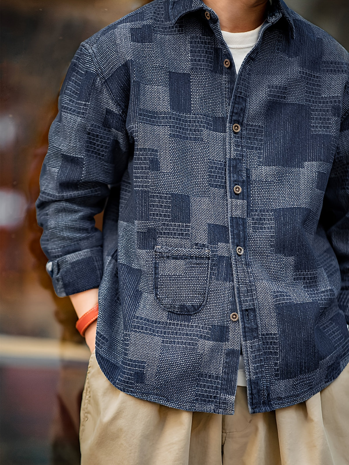 Spring/Autumn New Light Business Elegant Commuter American Casual Vintage Plaid Patchwork Denim Style British Italian Button-Up Men's Suit Long Sleeve Shirt - Sea Blue
