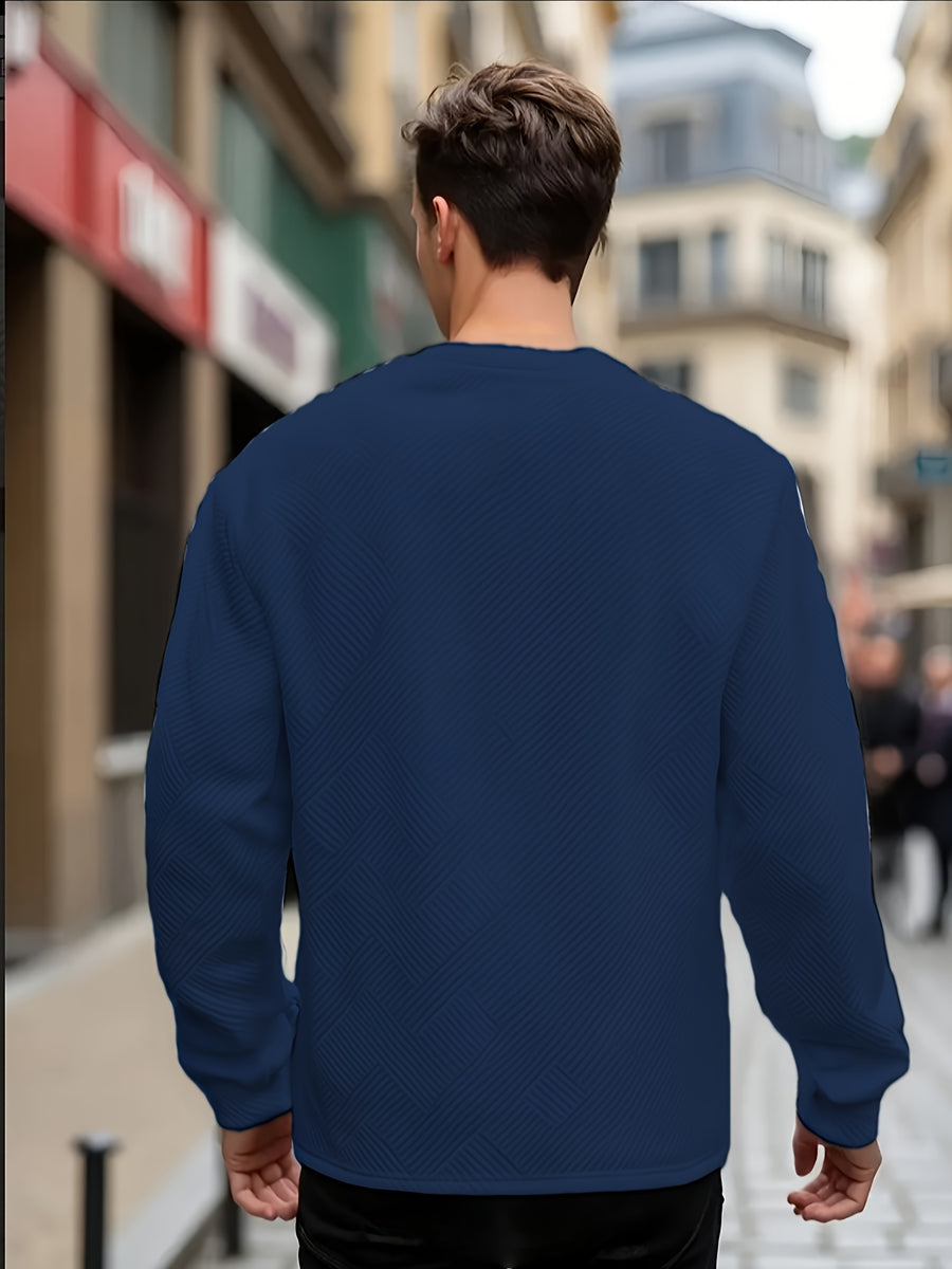 Men'S Spring Autumn Casual Long Sleeve Sweatshirt Daily All-Match Heavy Jacquard Round Neck Sweatshirt, Regular Fit, Outdoor, Crew Neck, Geometric Print - Navy Color