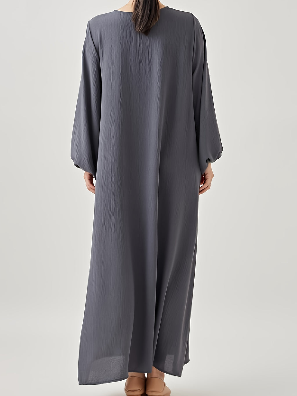 Comfortable & Casual Solid Color Muslim Dress with Bubble Pleats, Elastic Cuffs, and Flowy Hem - Polyester, Machine Washable - Grey