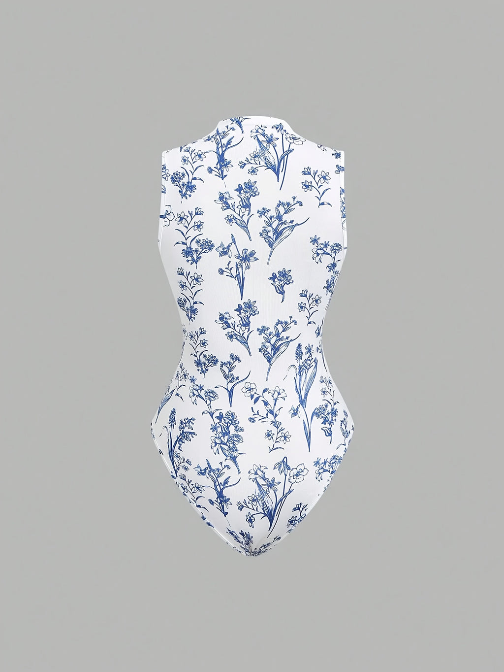 Women'S Spring/Summer Retro Floral Print Sleeveless Stand Collar Slim Jumpsuit - Blue And White