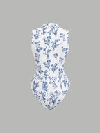 Women'S Spring/Summer Retro Floral Print Sleeveless Stand Collar Slim Jumpsuit - Blue And White