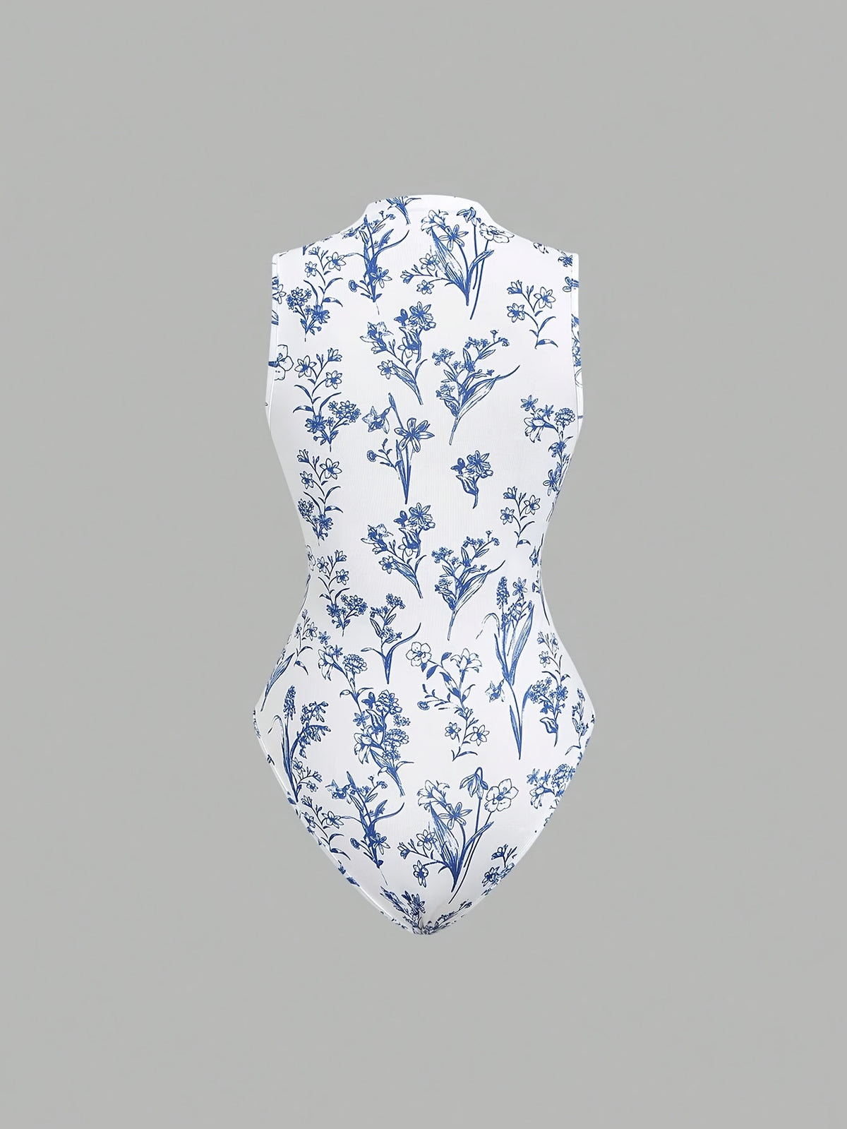 Women'S Spring/Summer Retro Floral Print Sleeveless Stand Collar Slim Jumpsuit - Blue And White