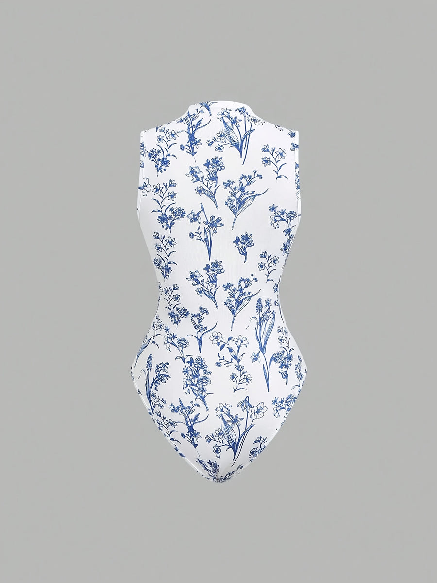 Women'S Spring/Summer Retro Floral Print Sleeveless Stand Collar Slim Jumpsuit - Blue And White