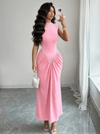 Summer Elegant Fashion Pearl Solid High-Neck Women'S Sleeveless Dress, Waist-Cinching Ruched Fishtail Long Dress, Temperament Evening Formal Gown - Pink