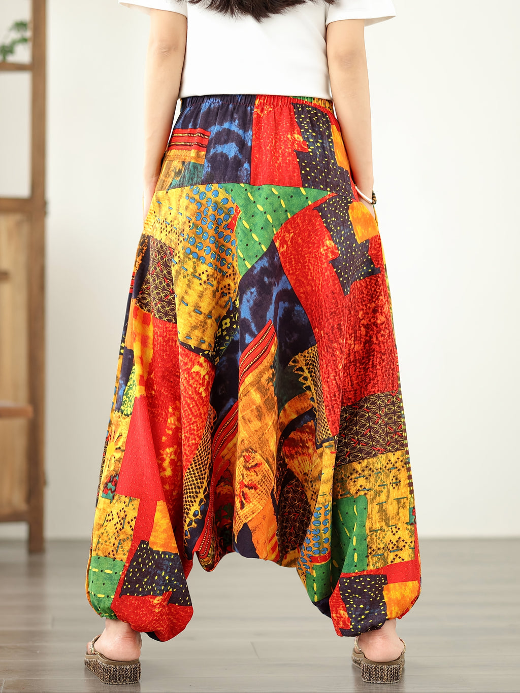 9531# Real Shot New Style Elegant Wide-Leg Pants Floral Print Flared Pants Casual Loose Pants Ethnic Style Harem Pants - Red