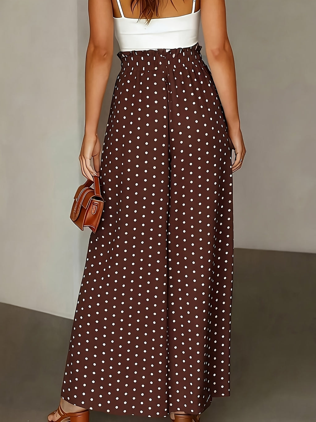 Summer Elegant Chic Romantic Women'S Printed Ruffled Waistband Wide-Leg Casual Loose Vacation Trousers with Fake Drawstring Casual Style - Coffee Brown