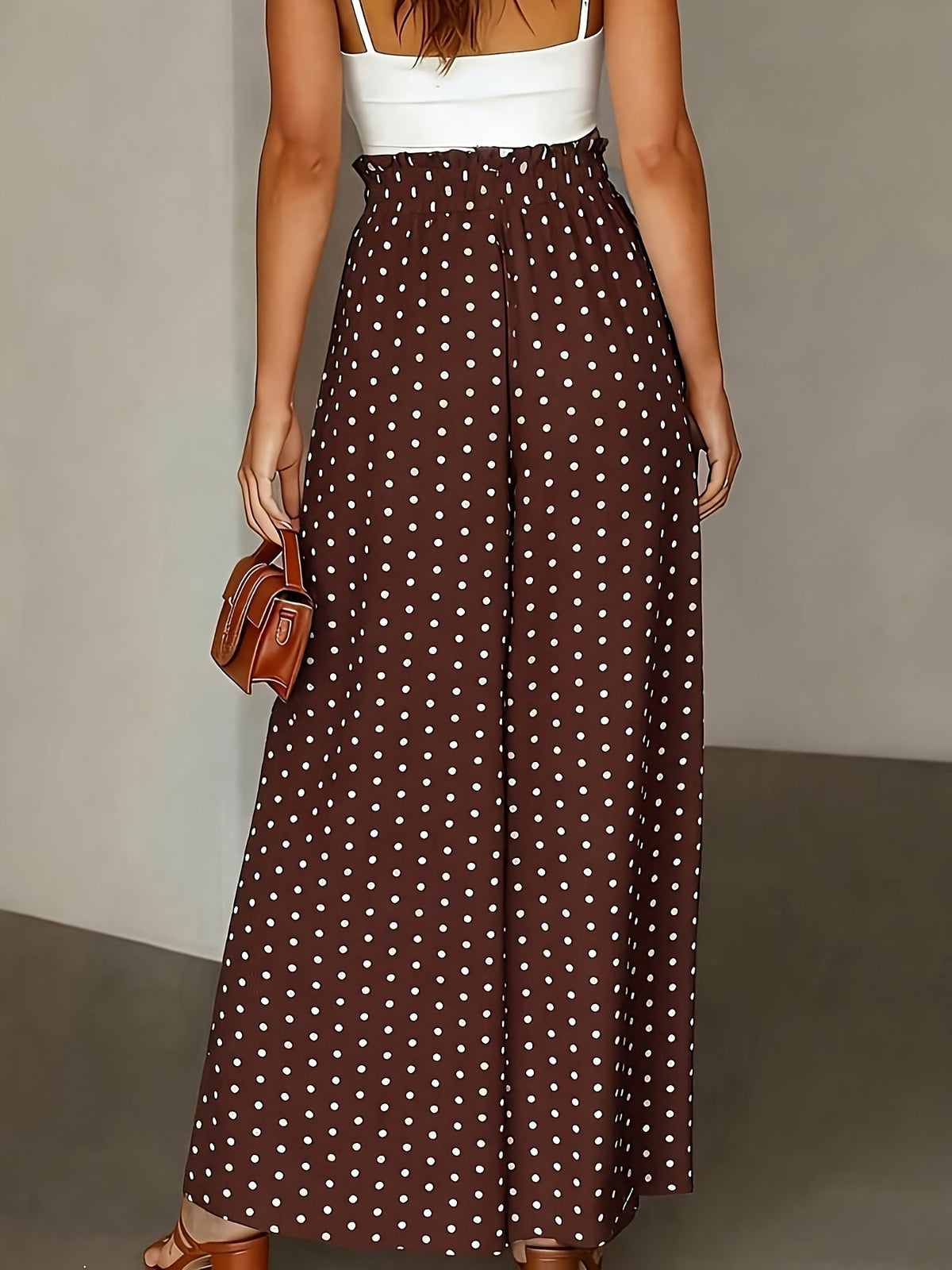 Summer Elegant Chic Romantic Women'S Printed Ruffled Waistband Wide-Leg Casual Loose Vacation Trousers with Fake Drawstring Casual Style - Coffee Brown