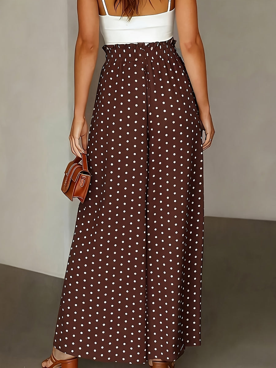 Summer Elegant Chic Romantic Women'S Printed Ruffled Waistband Wide-Leg Casual Loose Vacation Trousers with Fake Drawstring Casual Style - Coffee Brown
