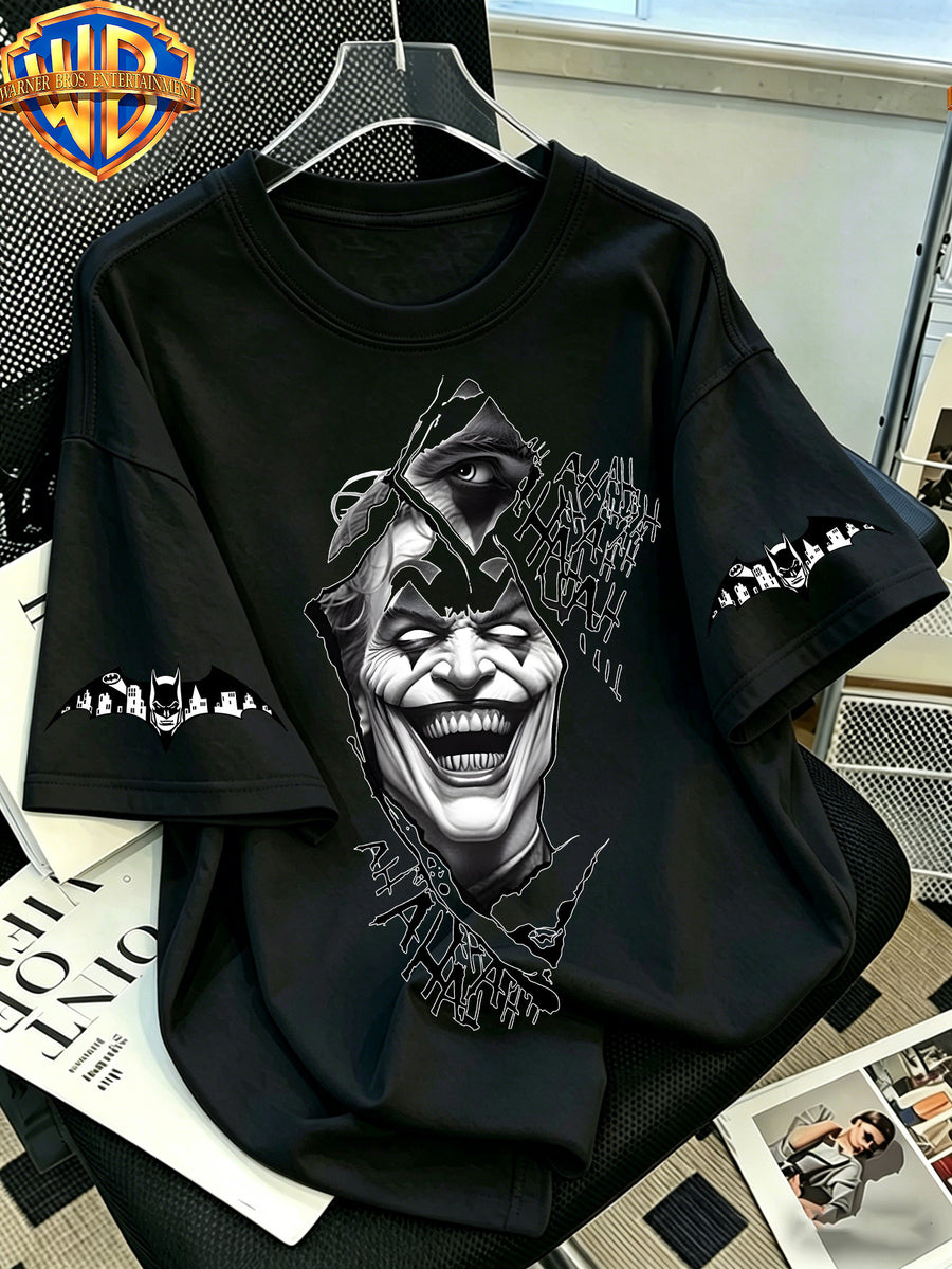 Official WB. Men's Short-sleeve T-shirt with Fun Cartoon Print, Joker Black and White Torn Cartoon Print, Crew Neck Top. Suitable for Men's Casual Summer Daily Commutes, Home, and Office Wear - Black
