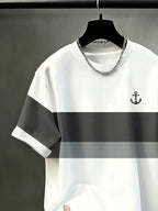 Men's Casual Crew Neck T-Shirt, Color Block Patchwork Pattern Design, Draping Fashion Top, All-Season Wear, Breathable Regular Fit for Daily and Formal Outfits - Crew Neck Casual Top, Comfortable to Wear, Gift for Teens and Adults, Outdoor Activity - White