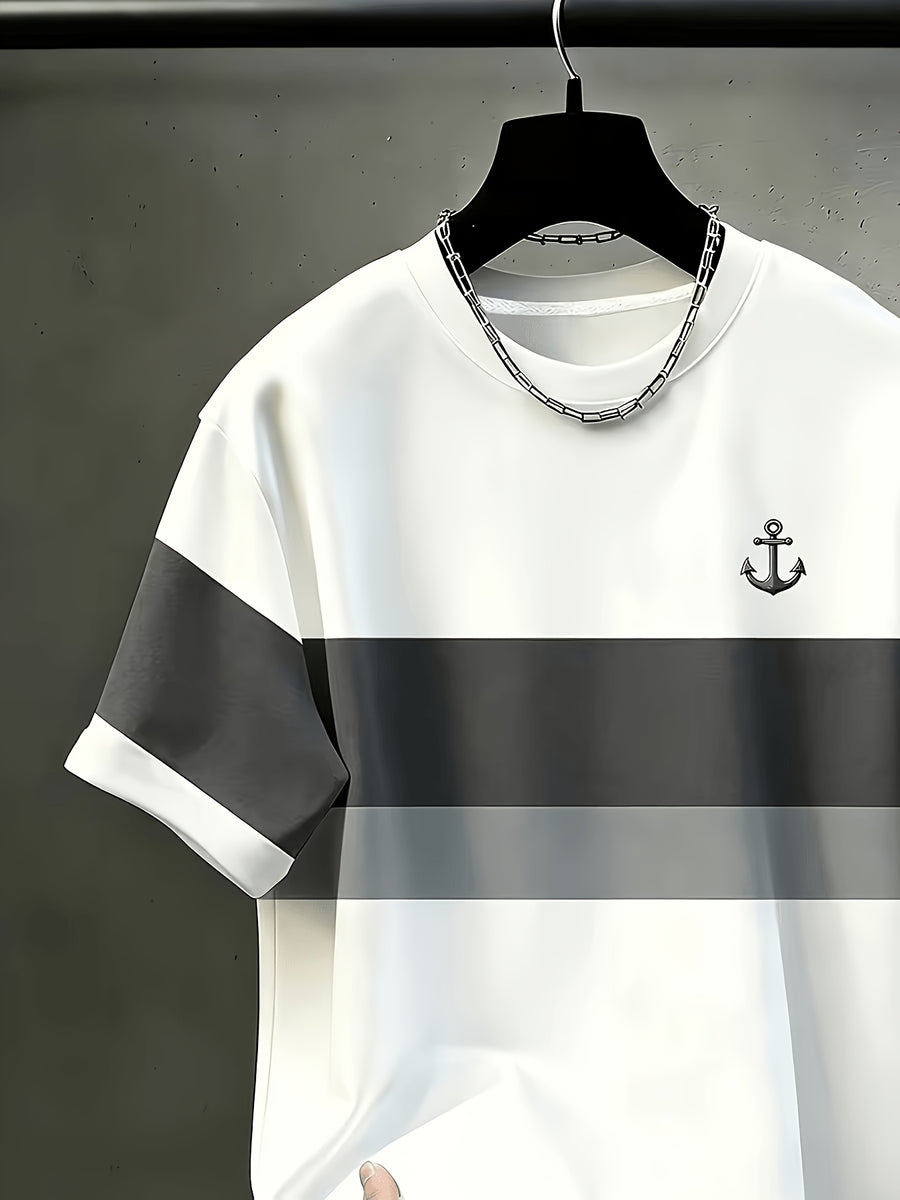 Men's Casual Crew Neck T-Shirt, Color Block Patchwork Pattern Design, Draping Fashion Top, All-Season Wear, Breathable Regular Fit for Daily and Formal Outfits - Crew Neck Casual Top, Comfortable to Wear, Gift for Teens and Adults, Outdoor Activity - White
