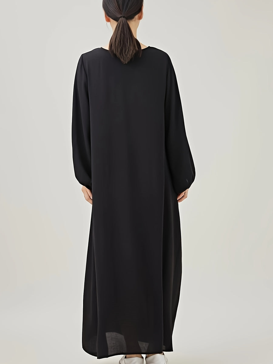 Comfortable & Casual Solid Color Muslim Dress with Bubble Pleats, Elastic Cuffs, and Flowy Hem - Polyester, Machine Washable - Black