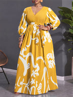 Plus Size Abstract Print V-Neck Lantern Sleeve Midi Dress, Women'S Tie-Waist A-Line Flowy Casual Party Long Dress - Yellow