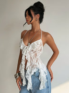 Women'S Fitted White Lace Sheer Long Ribbon Design Asymmetrical Hem Tank Top for Music Festival And Vacation, for Wedding, Dating, Party, Summer Top - White