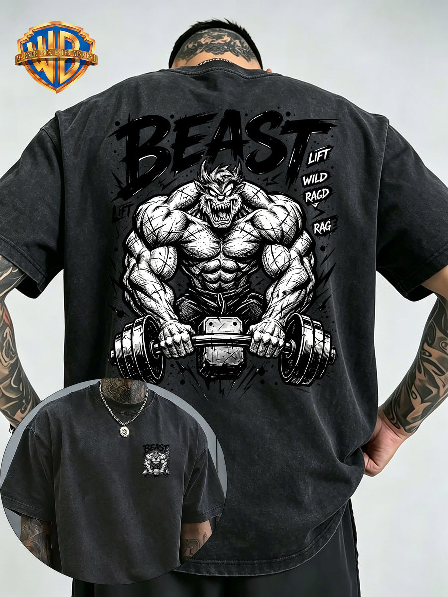 Fitness Beast Dumbbell Print Washed Distressed T-Shirt, Men'S 100% Fabric, Casual Comfortable Style, Loose Fit Breathable Short Sleeve Men'S Casual Top, Distressed Washed Loose Fit - Black