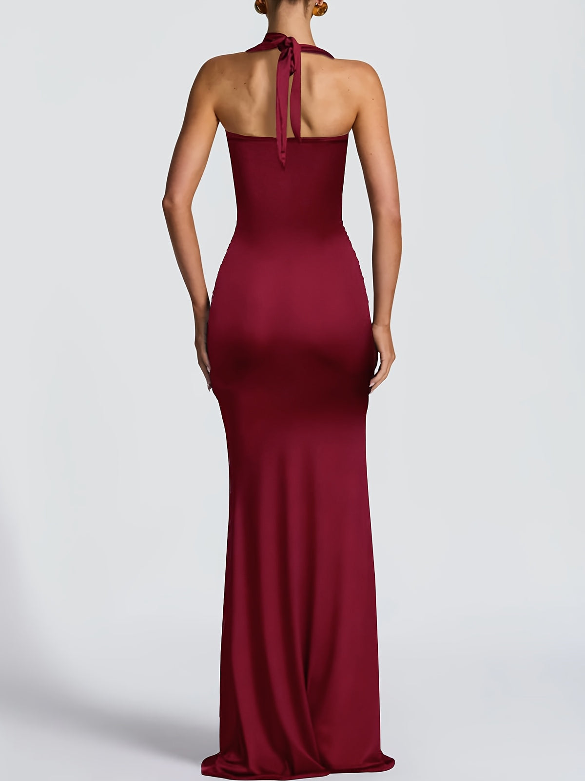 Women'S Sexy Bandeau Halter Mesh Patchwork Long Dress, Fashionable Elegant Semi-Sheer Ruched Evening Gown for Prom Parties - Burgundy