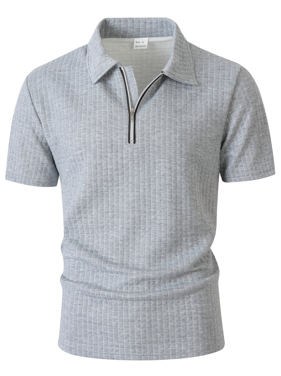 Men's Waffle Knit Half-Zip Polo Shirt, Loose Fit Solid Color Versatile Short Sleeve - Light Grey