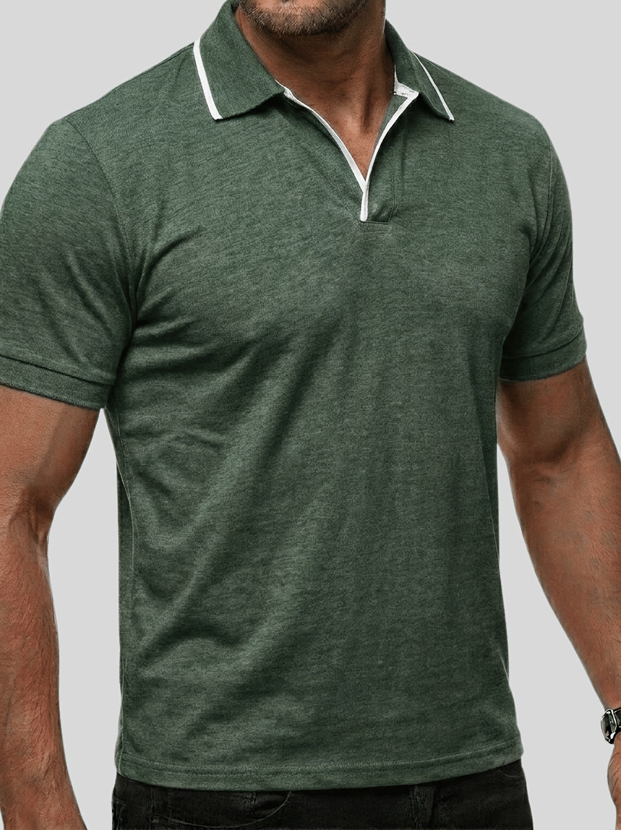 Summer Men'S Short Sleeve T-Shirt, Men'S Business Shirt, Round Neck Lapel Contrast Men'S T-Shirt, Casual Party, Suitable for Various Styles, Travel, Golf, Daily, Suburban Tourism, Family Travel, Parent-Teacher Meeting, Casual Short Sleeve Top, Knit - Deep Green