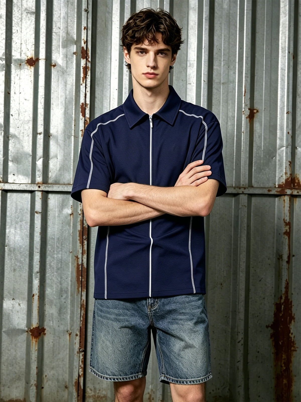 1 Men's Loose Fit Drop Shoulder Full-Zip Contrast Stitching Short Sleeve Polo Shirt, Breathable Ultra-Lightweight Quick-Dry Casual Zip-Up T-Shirt, Wear-Resistant Anti-Pilling Loose Functional Short Sleeve, Suitable for Outdoor Leisure, Outings - Navy Color