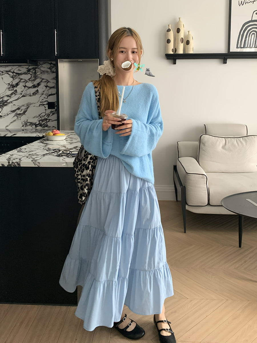 Fashion White French Long Skirt Elastic Adjustable Waistband A-Line Design with Lining Anti-Exposure Half Skirt Women'S - Blue