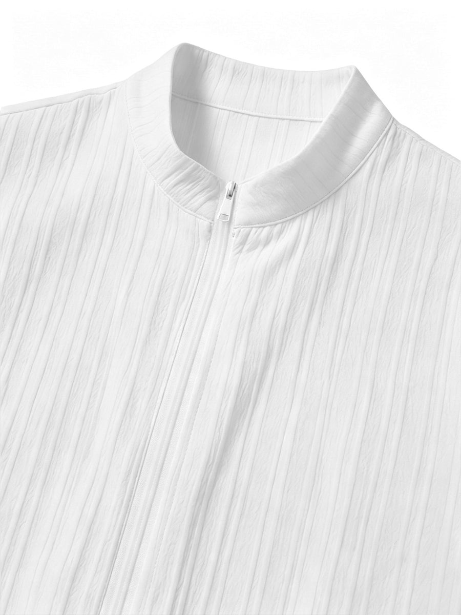 4pcs Urban Minimalist Pinstripe Textured Men'S Short Sleeve Stand Collar Zipper Cardigan, Summer Lightweight Breathable Casual Jacket, Fashionable All-Match Zippered Short Sleeve Shirt, Vertical Pleated Textured Fabric - Black + White + White + Navy Blue