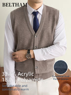 New Autumn Winter Men'S Knit Vest, Ideal Gift for Dad And Husband, with Pockets Warm Cold Resistant Soft Cozy Sweater Waistcoat, Minimalist Elegant Versatile Sleeveless Top for Daily Business Casual Camping Wear - Camel