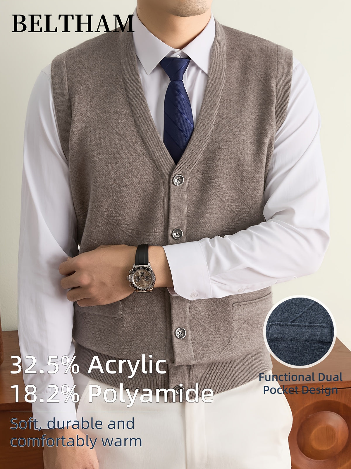 New Autumn Winter Men'S Knit Vest, Ideal Gift for Dad And Husband, with Pockets Warm Cold Resistant Soft Cozy Sweater Waistcoat, Minimalist Elegant Versatile Sleeveless Top for Daily Business Casual Camping Wear - Camel