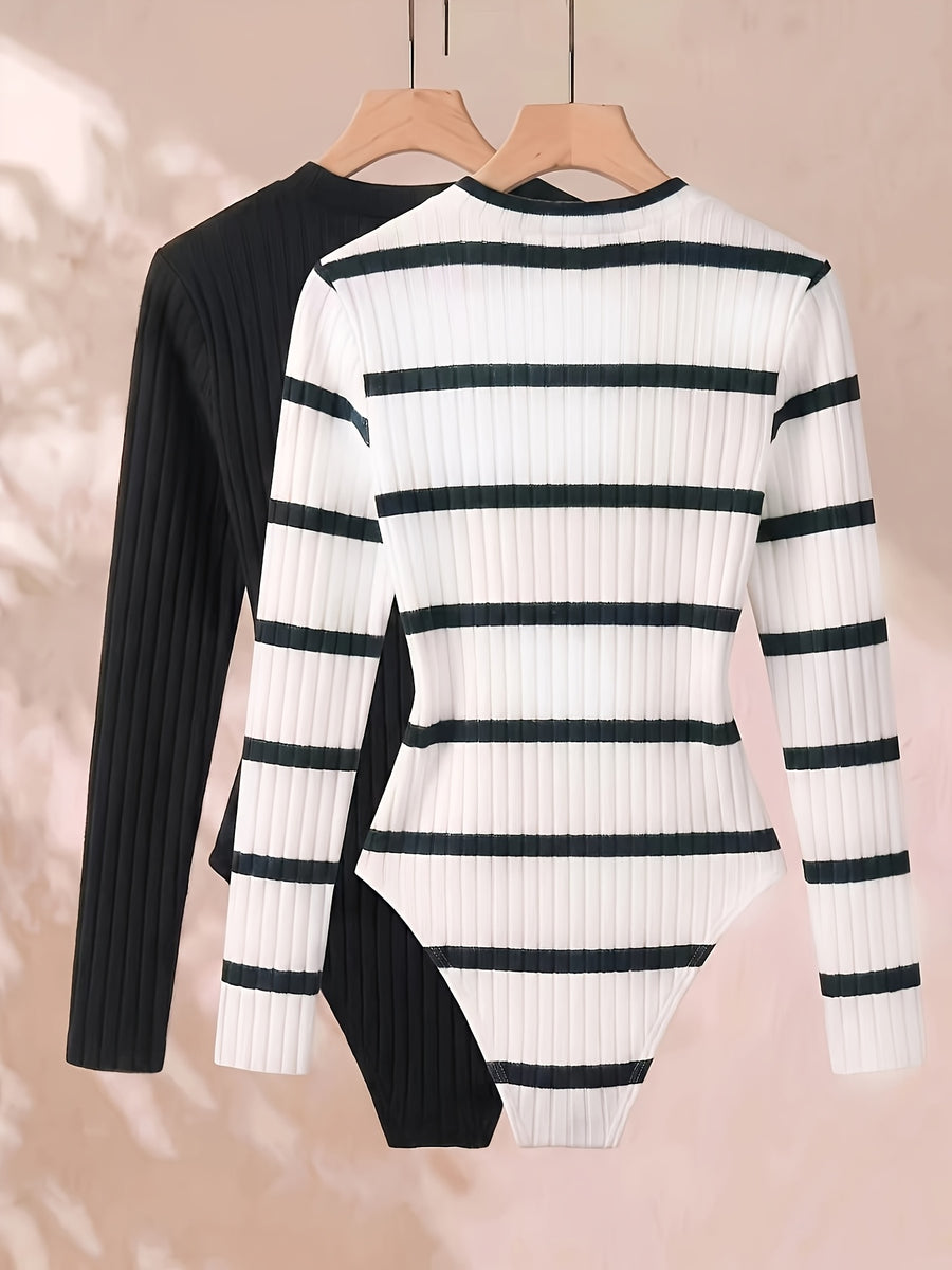 2pcs Set Retro Black And White Contrast Long Sleeve Bodysuit Women'S Solid Black And Striped Tight Bodysuit Commute Date Base Layer - Black+Black And White Stripes