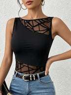 YTD Cherry Women'S Elegant Velvet Mesh Panel Round Neck Jumpsuit, Mesh Panel Design, Versatile, Good Elasticity, Comfortable And Fashionable, Casual Comfortable Top, Soft Elastic Fabric, Fashion Top - Black