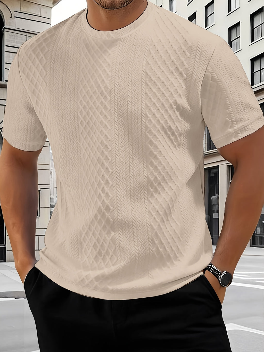 Men'S Round Neck Textured Fabric Short Sleeve T-Shirt, Suitable for Summer Casual Sports - Apricot