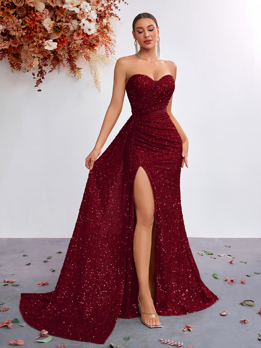 Sequined Sweetheart Neckline Mesh Panel High-Waist Long Scarf-Tie Slit Ball Gown Party Evening Dress - Burgundy