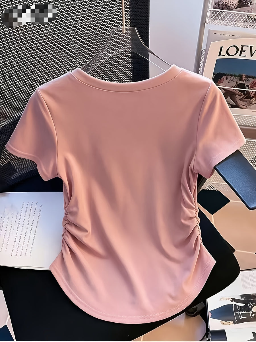 Summer: Regular Shoulder Slim-Fit Irregular T-Shirt with Ruched Curved Waistline for a Effect - Pink Color