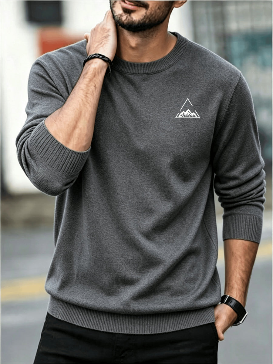 Men's Minimalist Triangle Print Knit Sweater - Warm Crew Neck Long Sleeve Pullover, Stretchable Base Layer Suitable for Autumn Winter Layering, Casual Office Wear & Cold Weather, Hand Washable Regular Fit Sweater - Grey