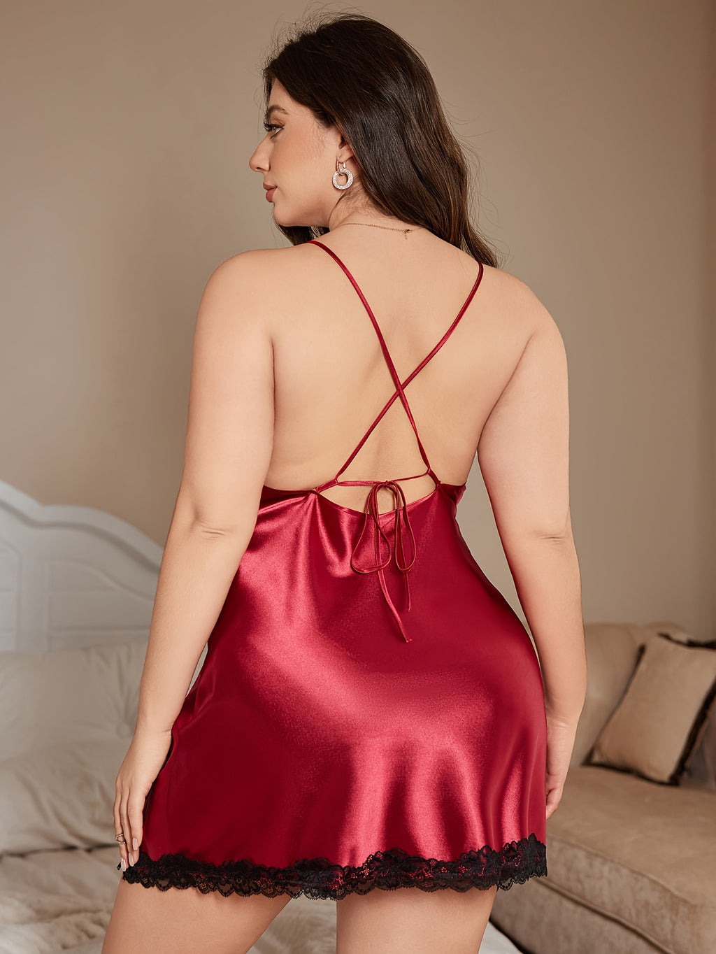 Valentine's Day Edition Women's Plus Size Long Lace Trim Camisole Nightgown 2pcs Set - Red