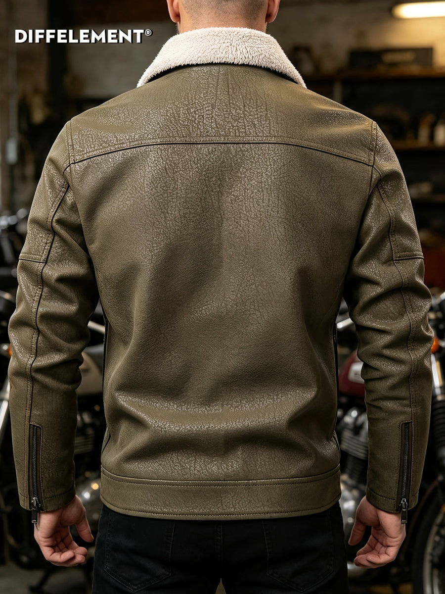 Men's Plush Lapel -Lined PU Motorcycle Jacket with Thickened Warm Lining, Vintage Texture Fabric, Multiple Zipper Pockets, Slim Fit Short Style, Autumn/Winter Riding Commuting American Casual Wear, Wear-Resistant and Windproof Lapel Outerwear Winter - fern green