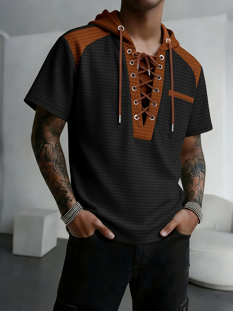 Men'S Plaid Knit Contrast Trim Hooded Sweatshirt - Short Sleeve Button-Up V-Neck Top with Chest Pocket, Vintage Street Style, for Everyday Wear - Black