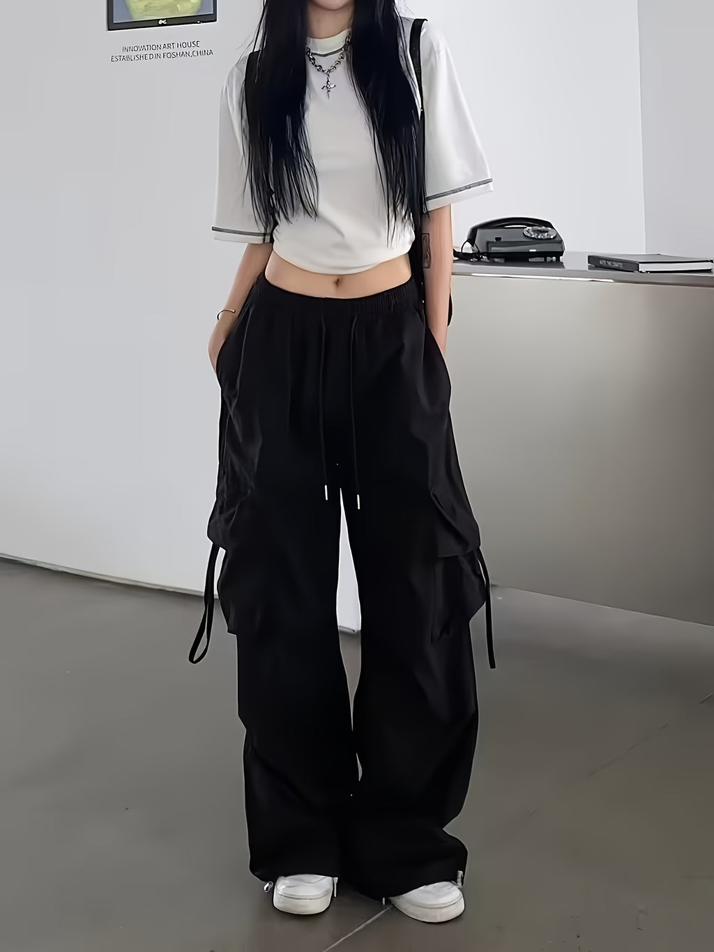 Vintage Spicy Workwear Cargo Pants for Women, Summer Lightweight Loose Fit Street Dance Hip-Hop Trendy Wide-Leg Pants, Made in China - Black
